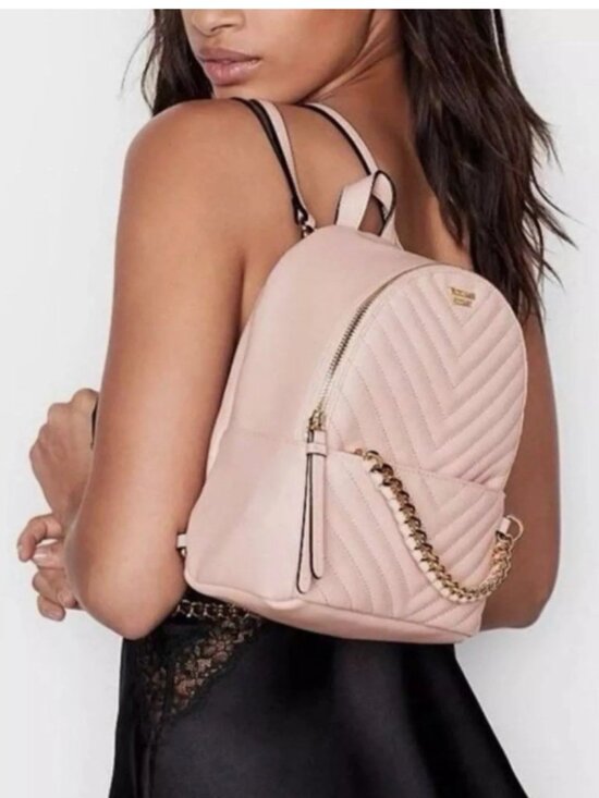 Victoria's Secret Handbags - VICTORIA'S SECRET Pink V-Quilt City Mini Chain Zip Faux Leather Casual Backpack